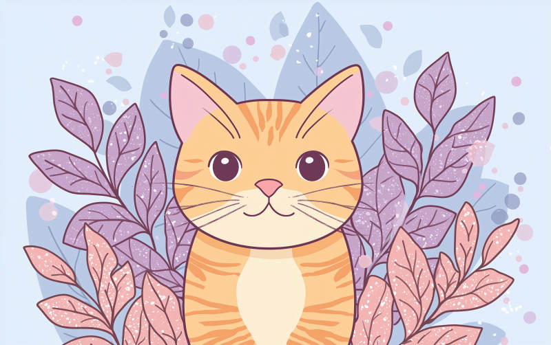 萌宠猫咪与粉色蓝紫色叶片图片