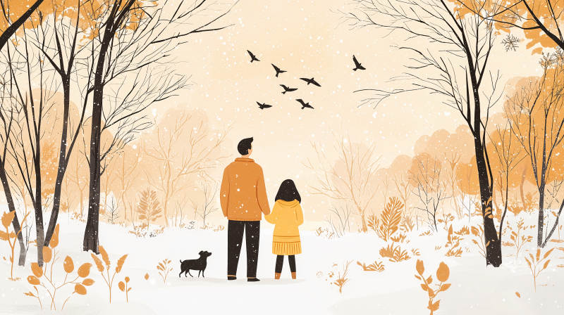 冬日暖阳下的家庭漫步图片