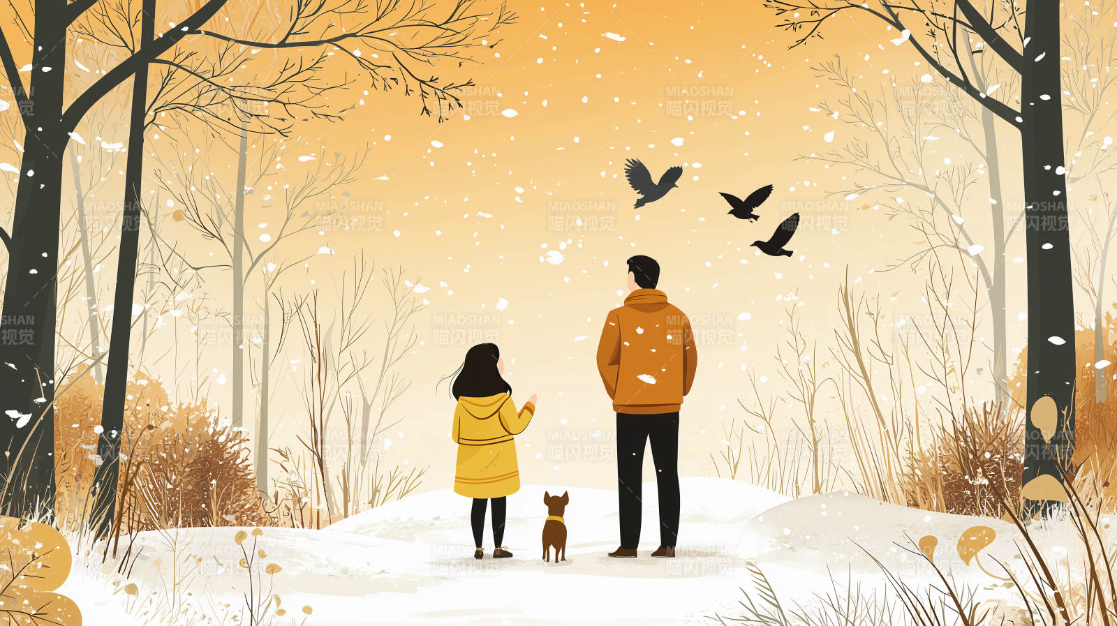 冬日暖阳下的家庭漫步图片