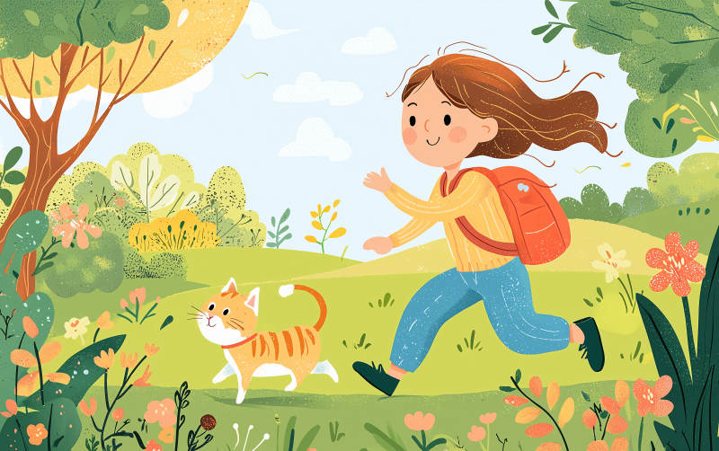 女孩和猫咪的春日漫步图片