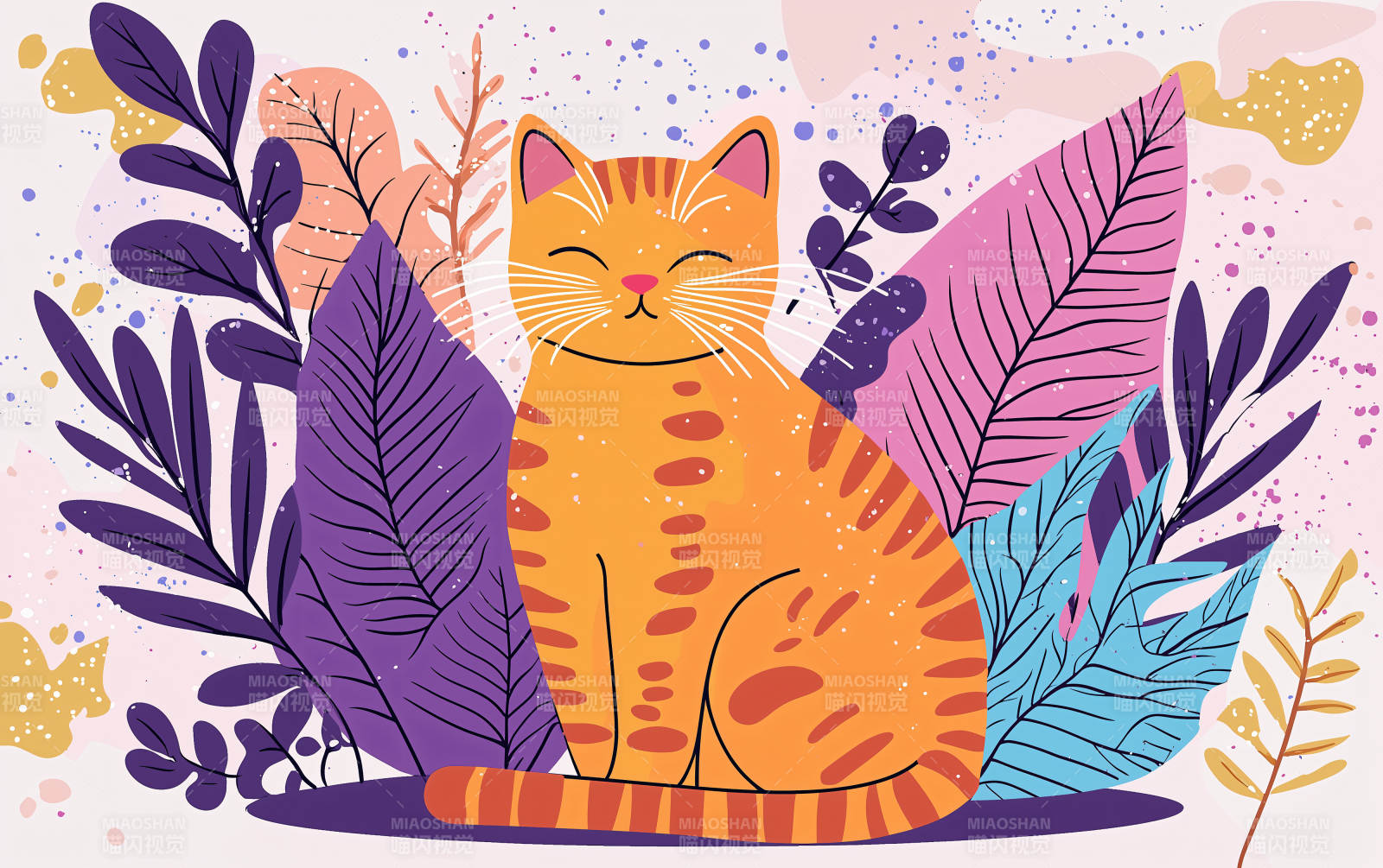 萌宠猫咪与粉色蓝紫色叶片图片