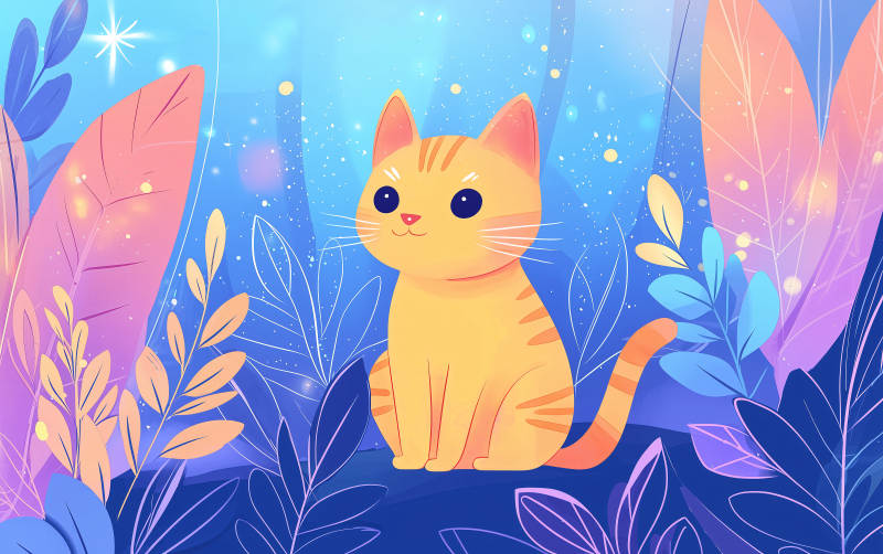 萌宠猫咪与粉色蓝紫色叶片图片