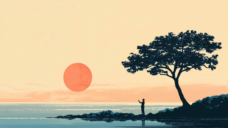 孤树夕阳剪影图片