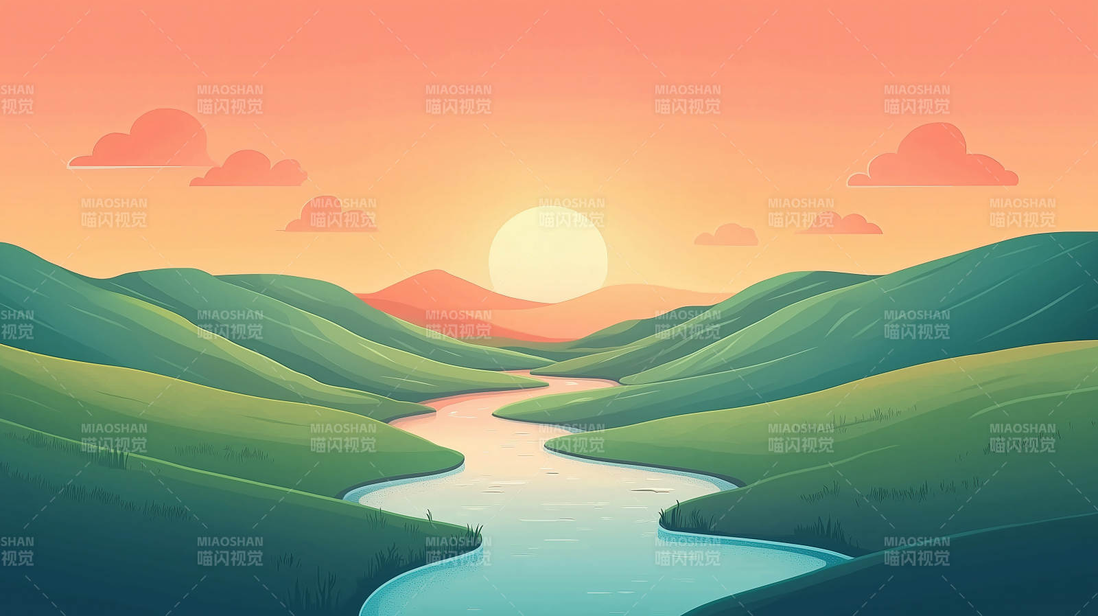 粉色暮色下的蜿蜒河流图片