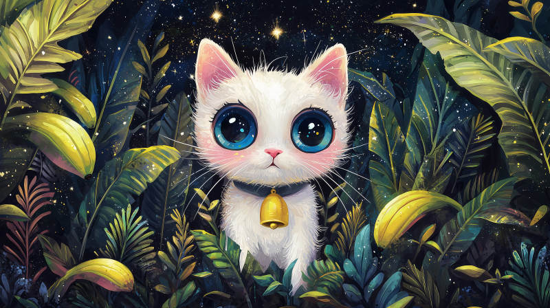 星夜丛林里的白猫图片