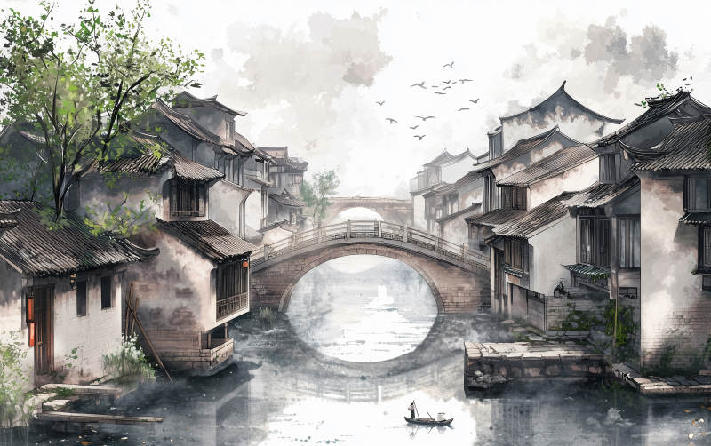 水墨画江南古镇水乡图片