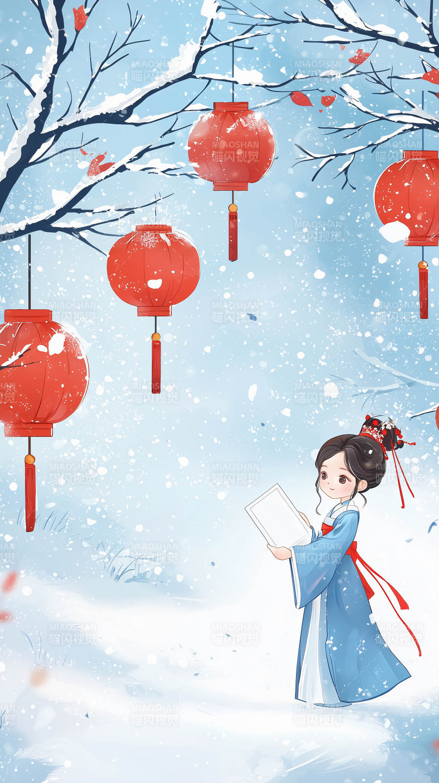 冬日雪景里的红灯笼与少女图片