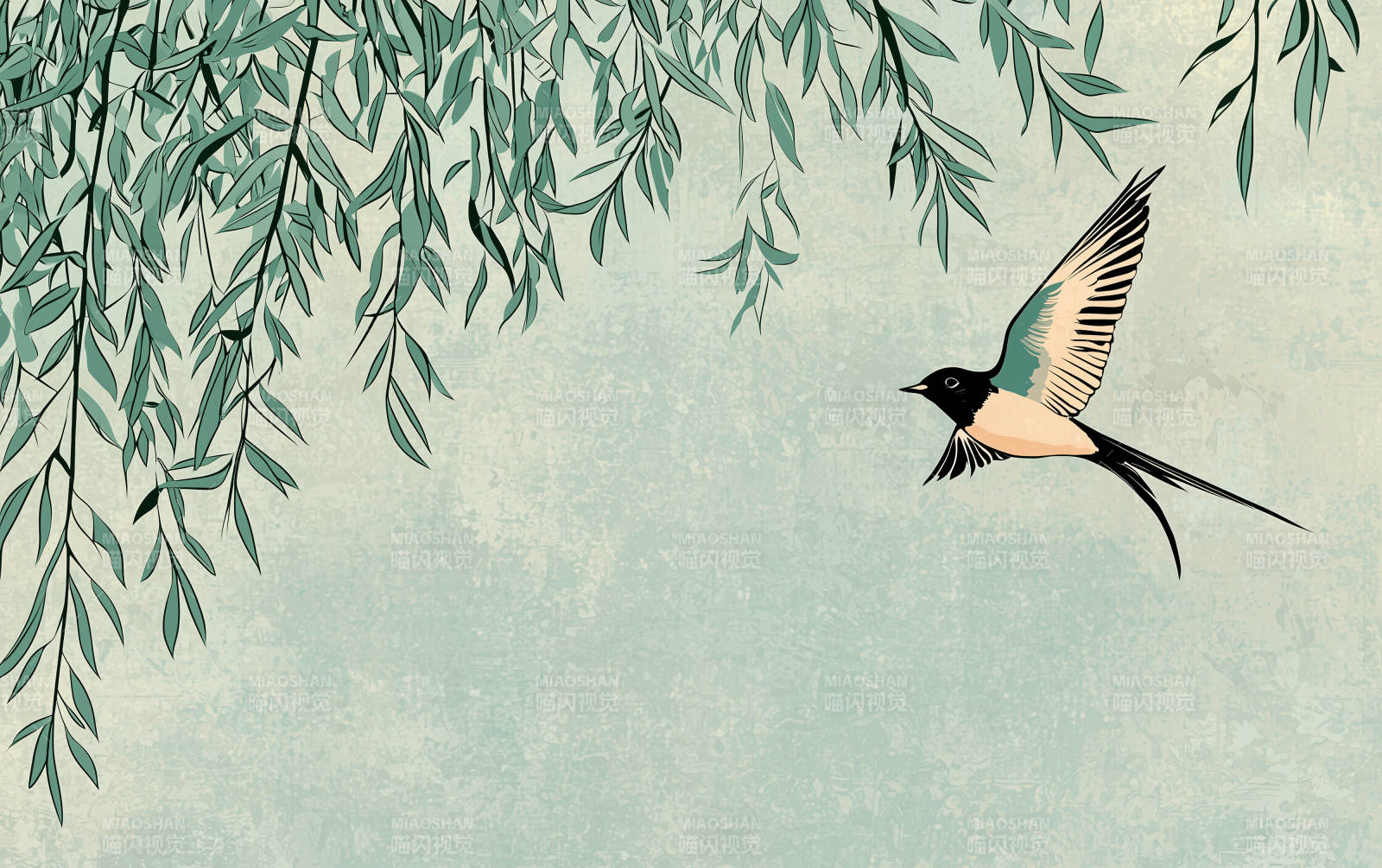 水墨燕子与垂柳图片