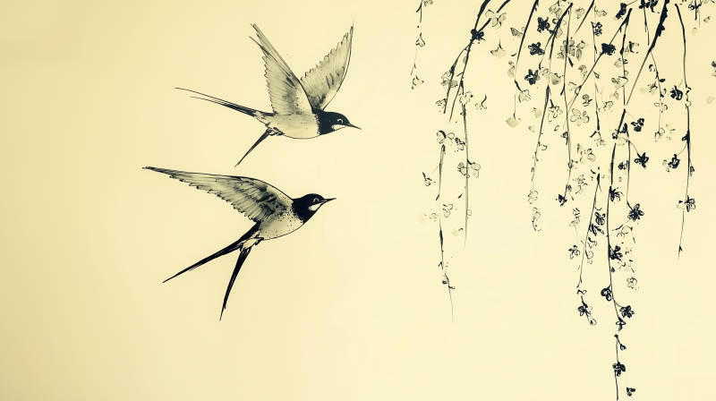 水墨燕子与垂柳图片