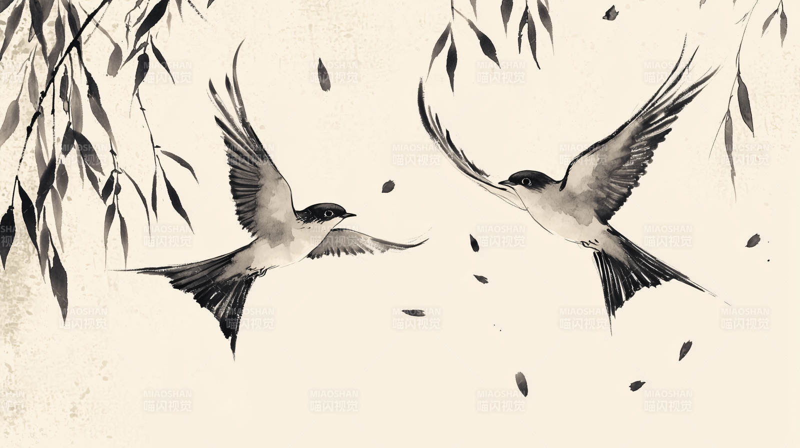 水墨燕子与垂柳图片