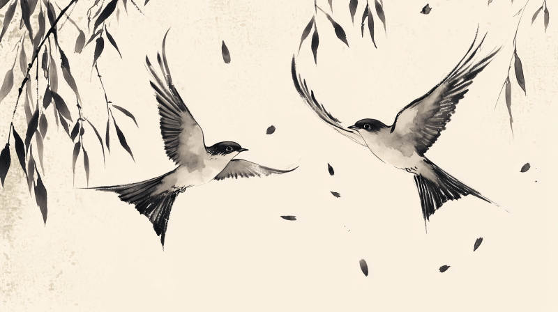 水墨燕子与垂柳图片