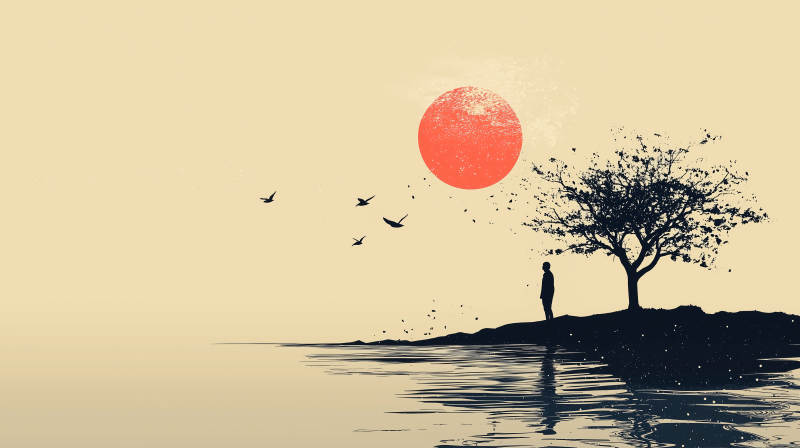 孤树夕阳剪影图片