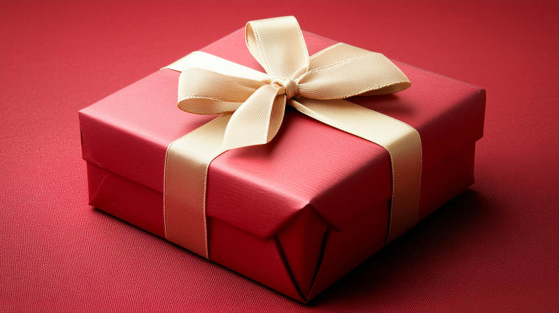 深红色礼盒上的金色丝带图片