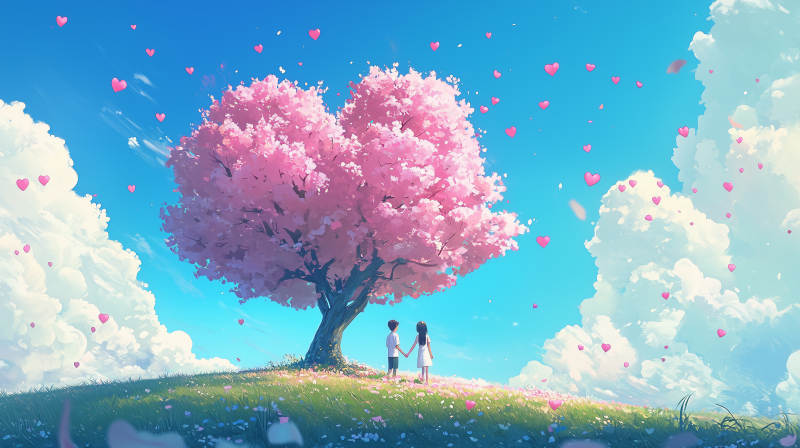 爱心樱花树下的恋人图片