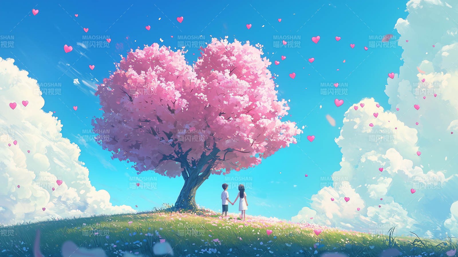 爱心樱花树下的恋人图片