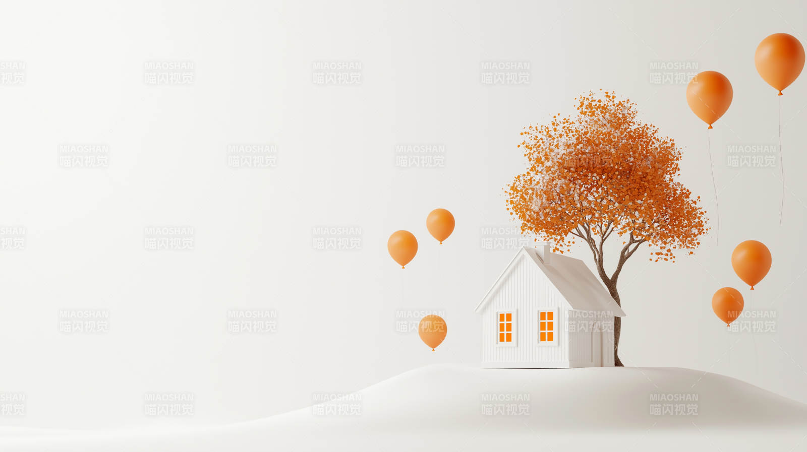 橙色气球与秋日小屋图片