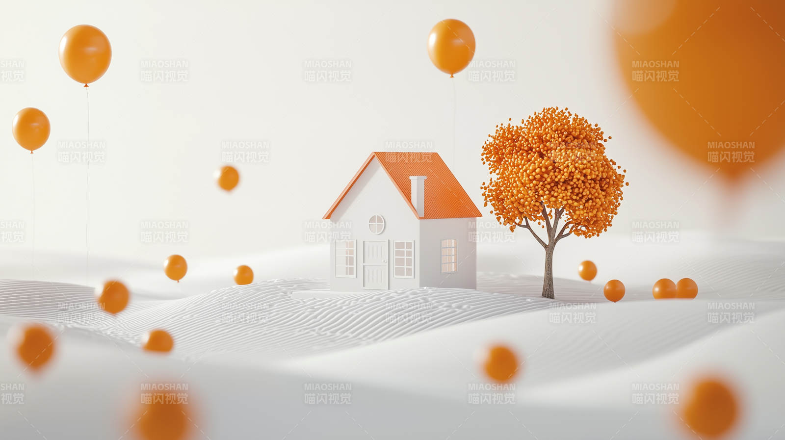 橙色气球与秋日小屋图片