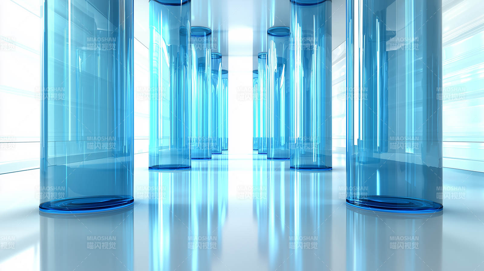 蓝色玻璃圆柱体排列图片