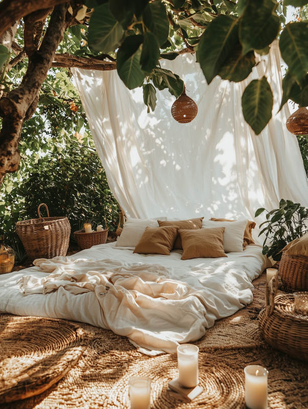 户外田园风帐篷床图片