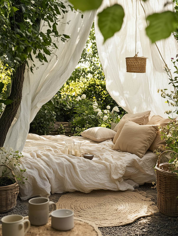 户外田园风帐篷床图片