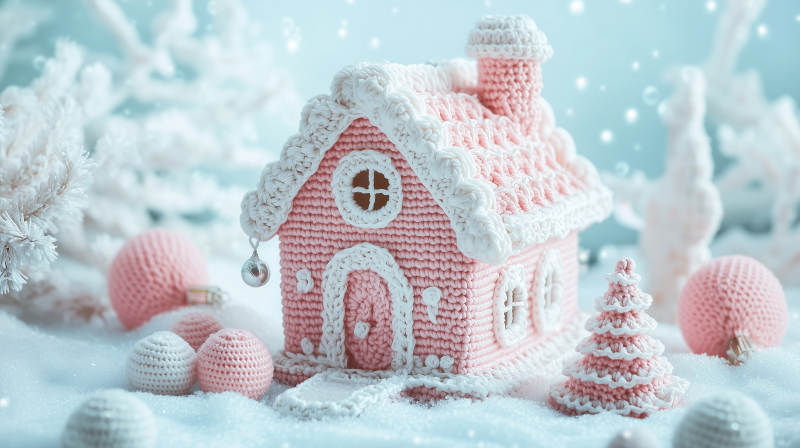 粉色毛线编织的圣诞小屋图片