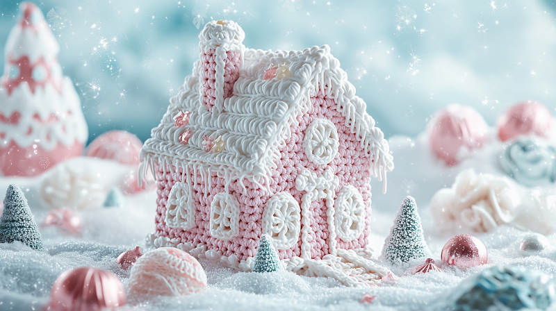 粉色毛线编织的圣诞小屋图片