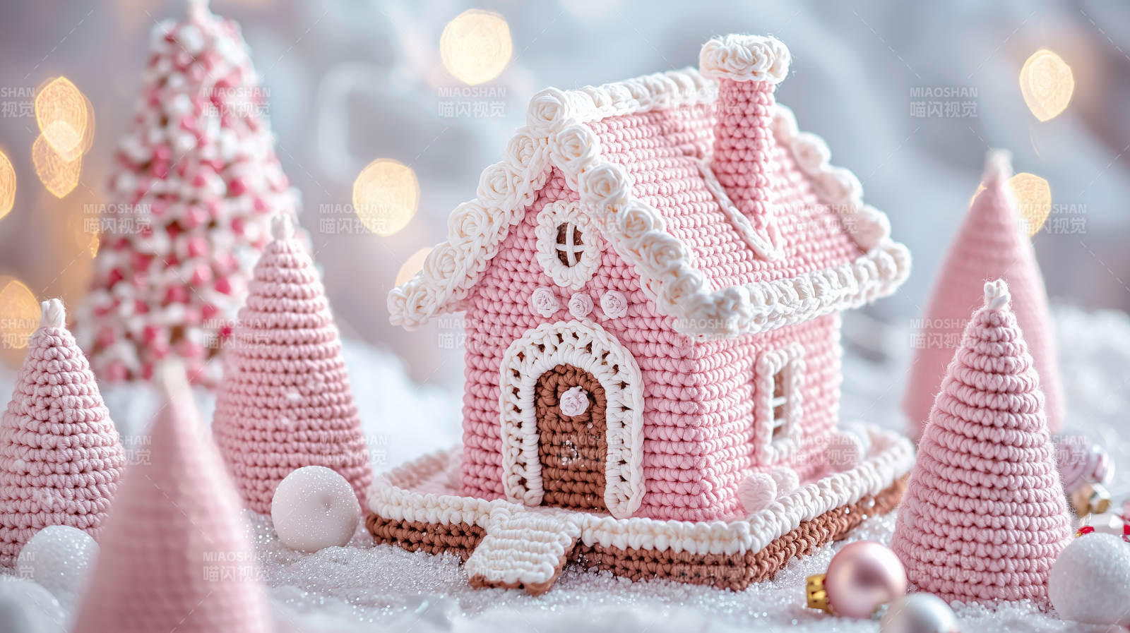 粉色毛线编织的圣诞小屋图片