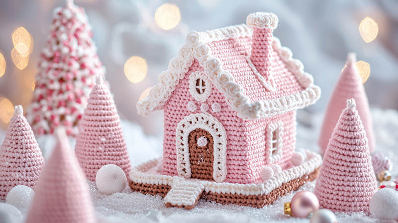 粉色毛线编织的圣诞小屋图片