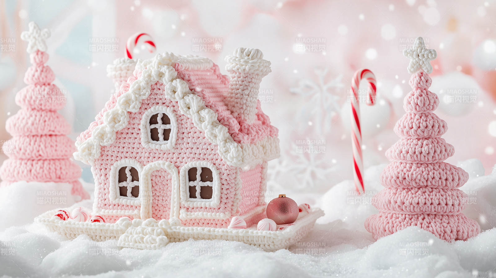 粉色毛线编织的圣诞小屋图片