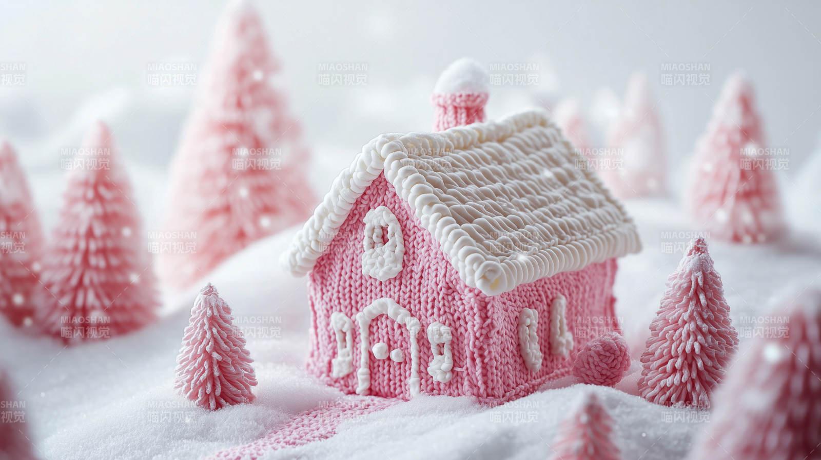 粉色毛线编织的圣诞小屋图片