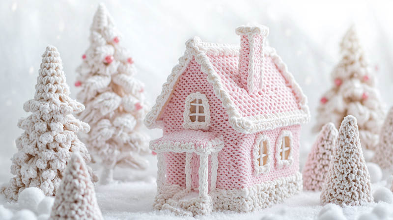 粉色毛线编织的圣诞小屋图片