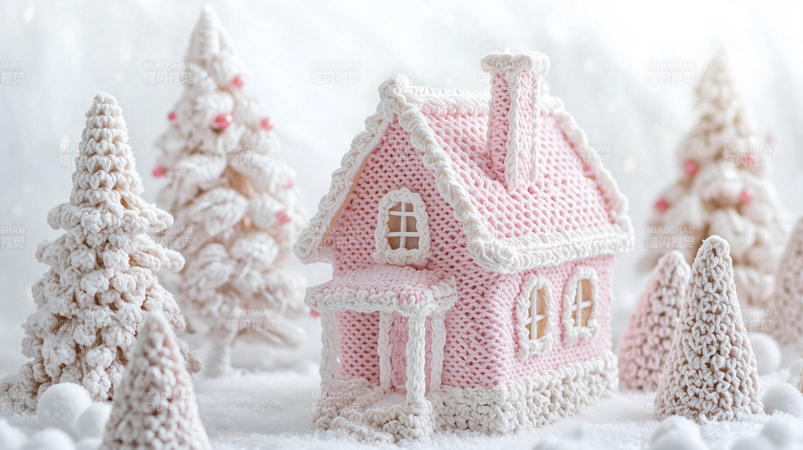粉色毛线编织的圣诞小屋图片