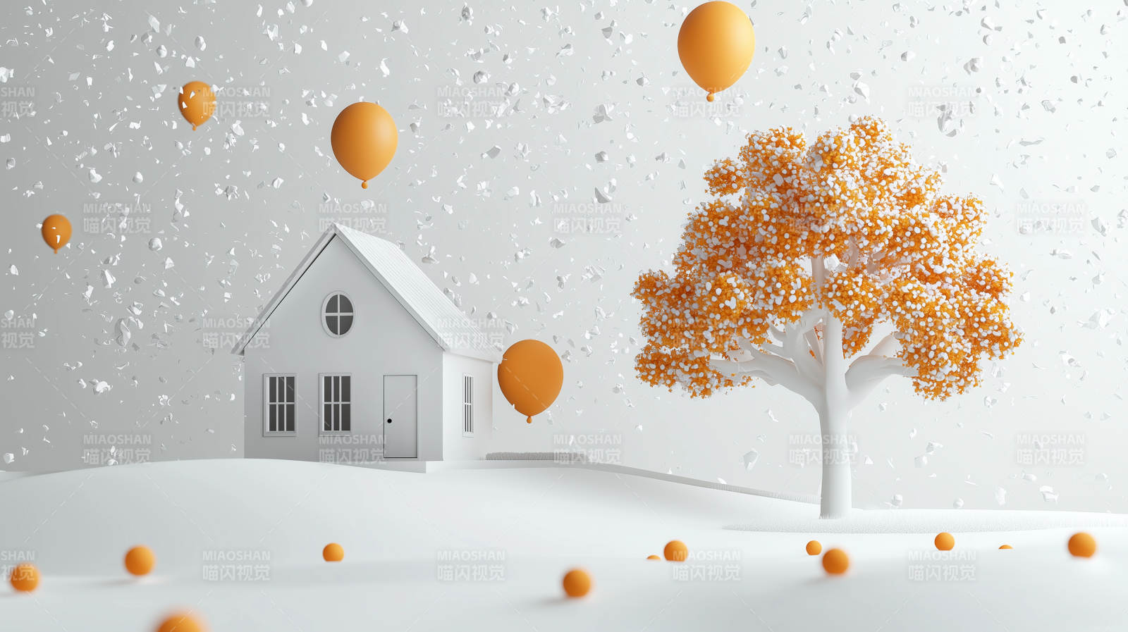 橙色气球与秋日小屋图片