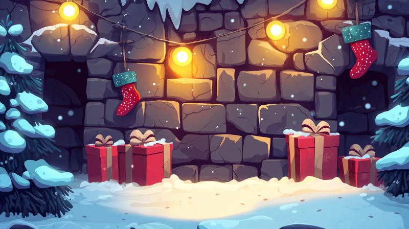 圣诞石墙前的礼物与袜子图片