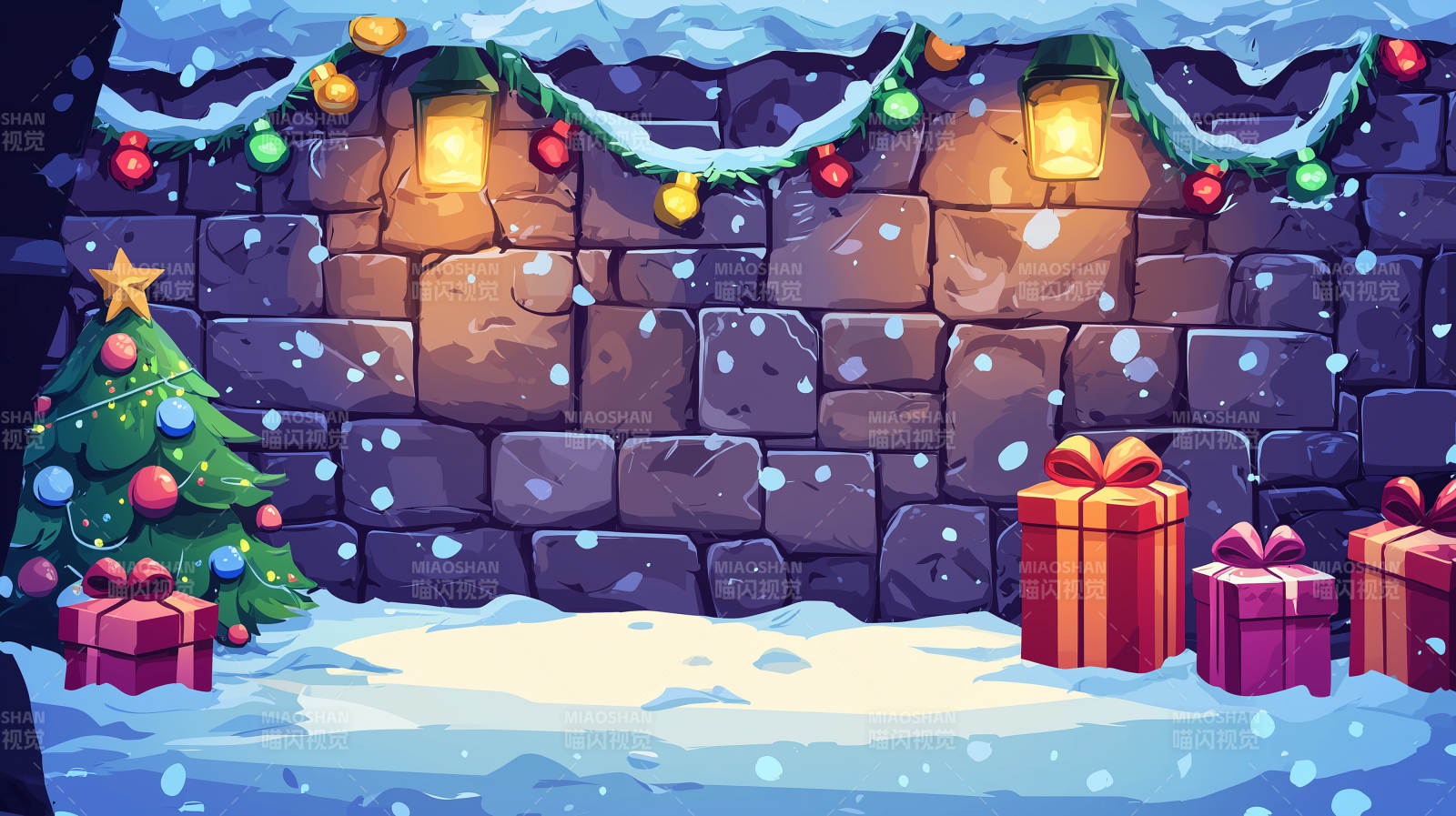 圣诞石墙前的礼物与袜子图片