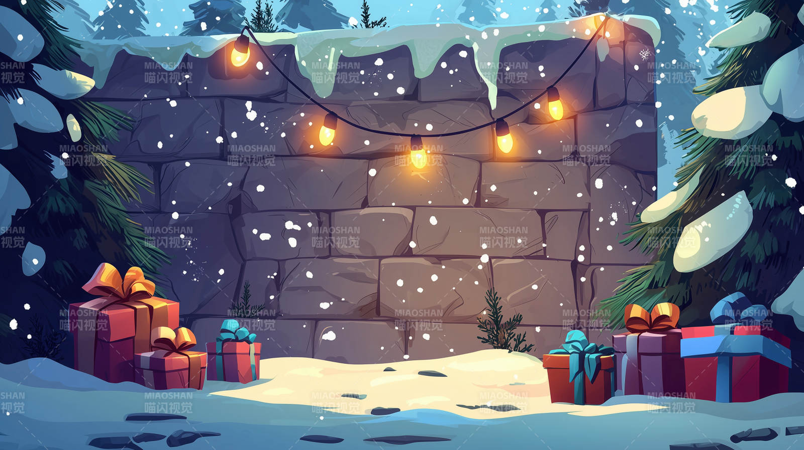 圣诞石墙前的礼物与袜子图片