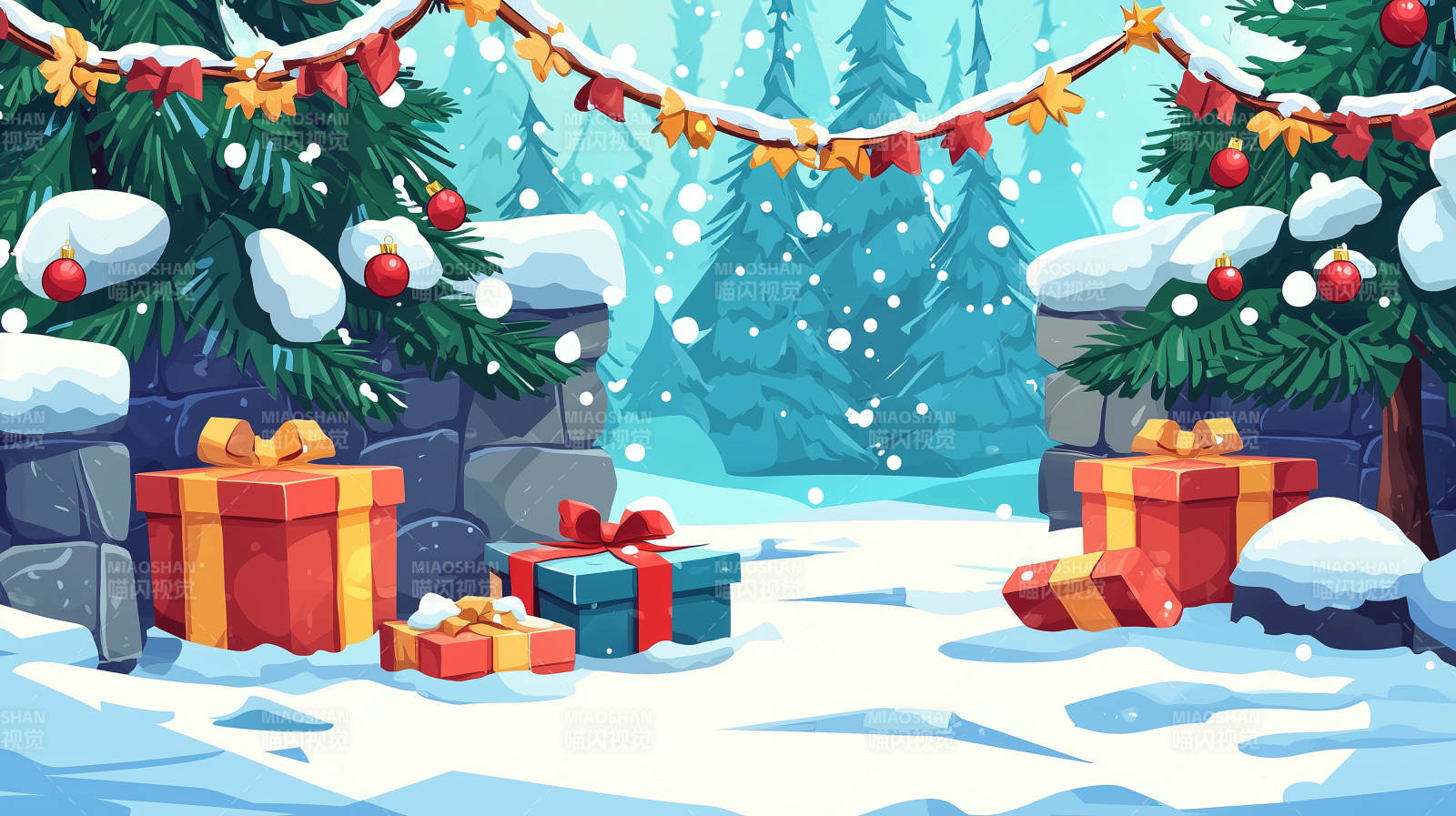 圣诞石墙前的礼物与袜子图片