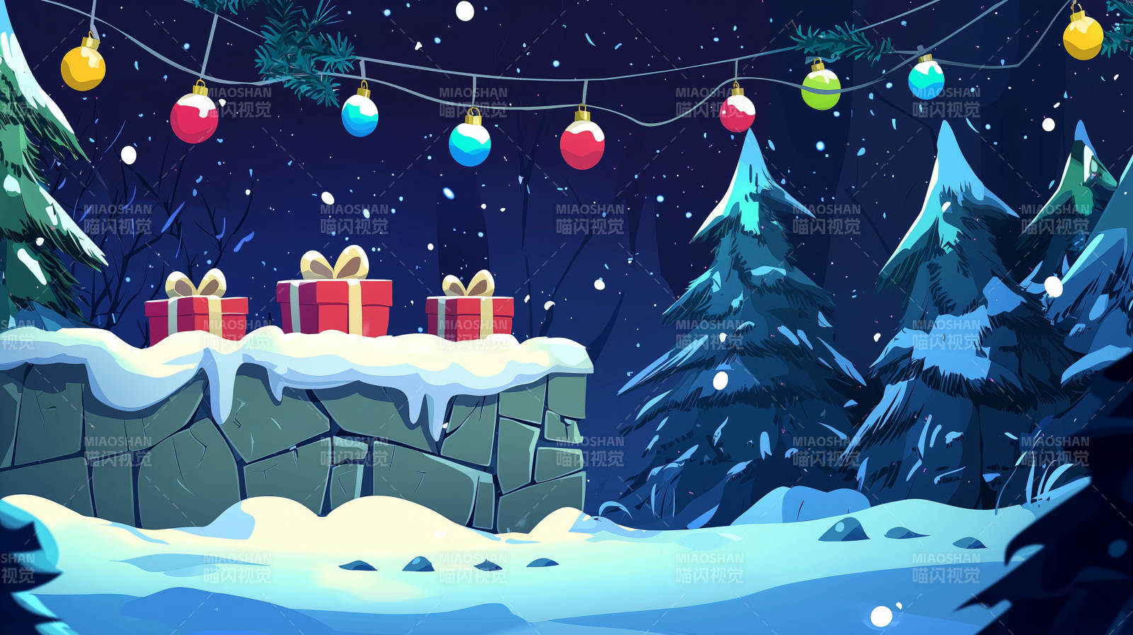 圣诞石墙前的礼物与袜子图片