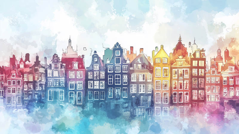 水彩风格的阿姆斯特丹运河房屋图片