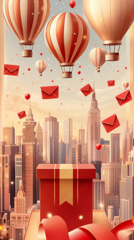 红礼盒与热气球的城市梦想图片