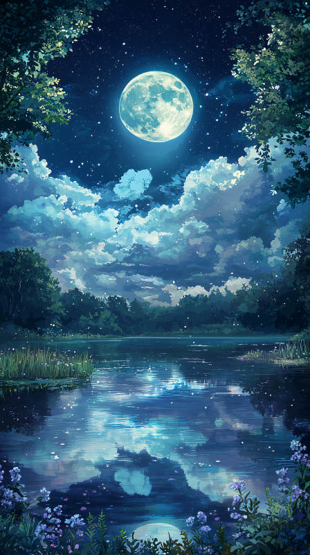 月夜湖畔静谧月色图片