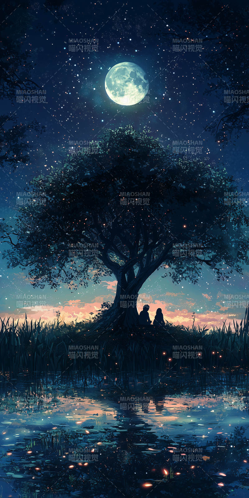 静谧湖畔的月光树图片