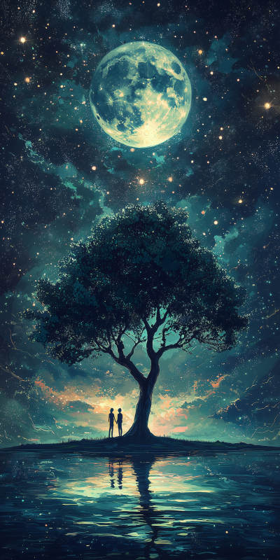 静谧湖畔的月光树图片