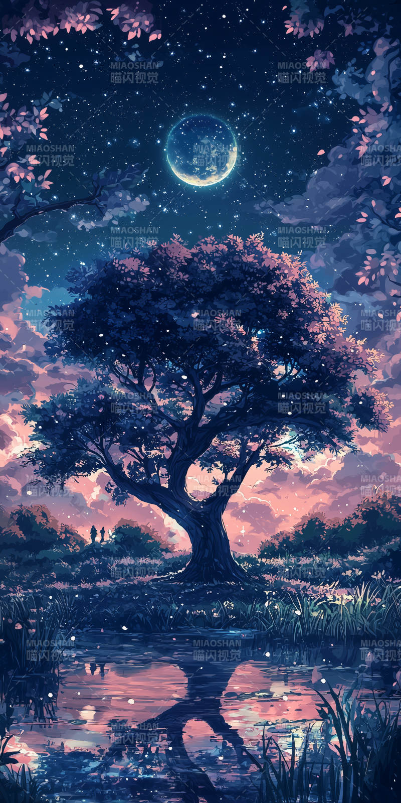 静谧湖畔的月光树图片
