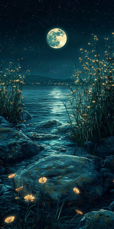 月夜湖畔宁静月光图片