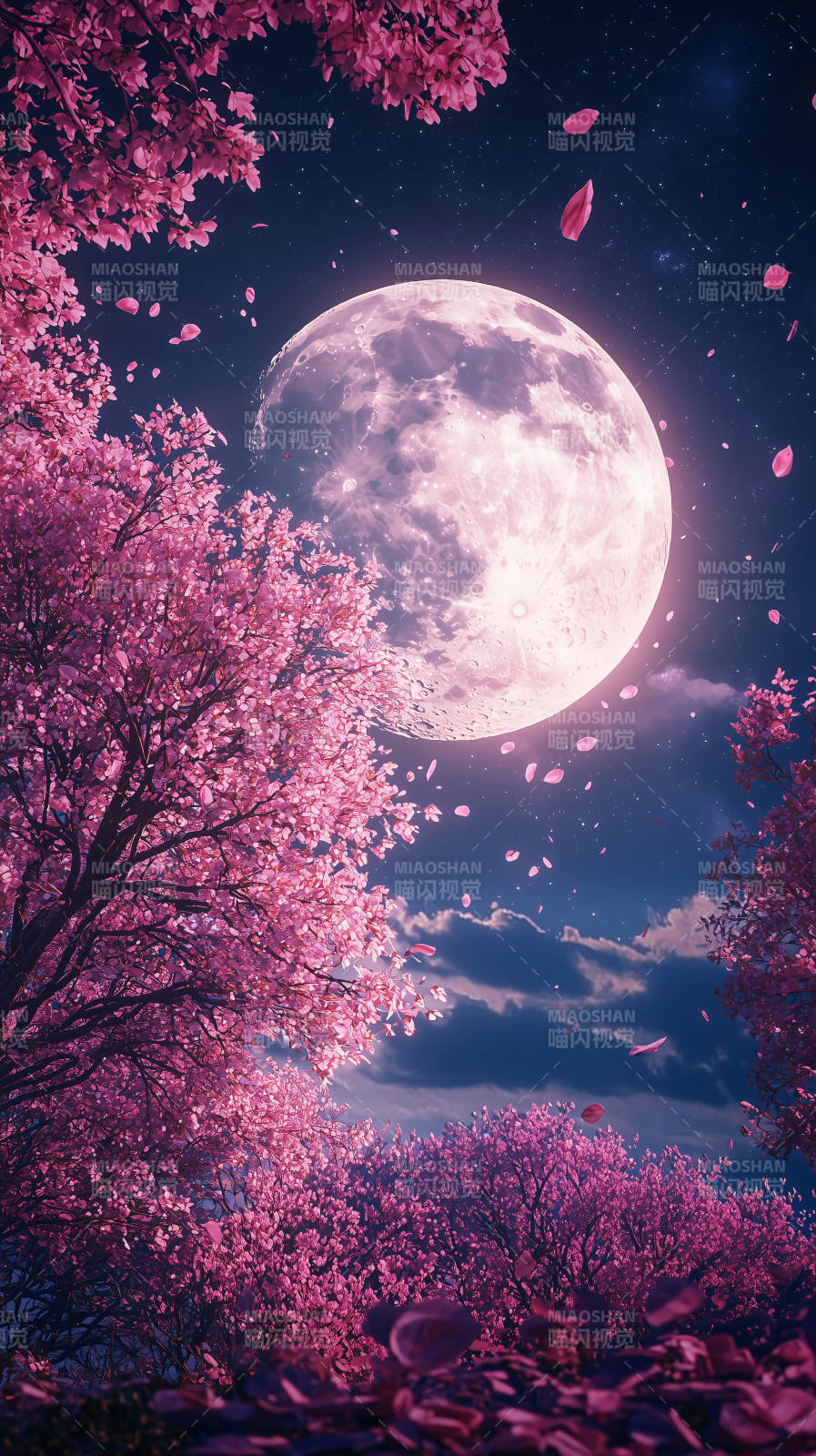 梦幻樱花与满月图片