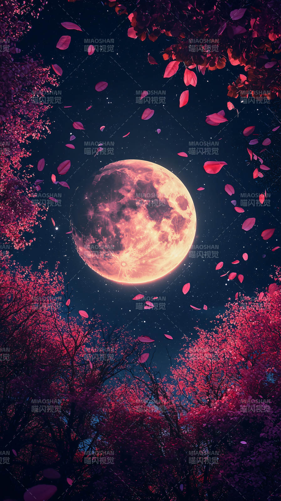 梦幻樱花与满月图片