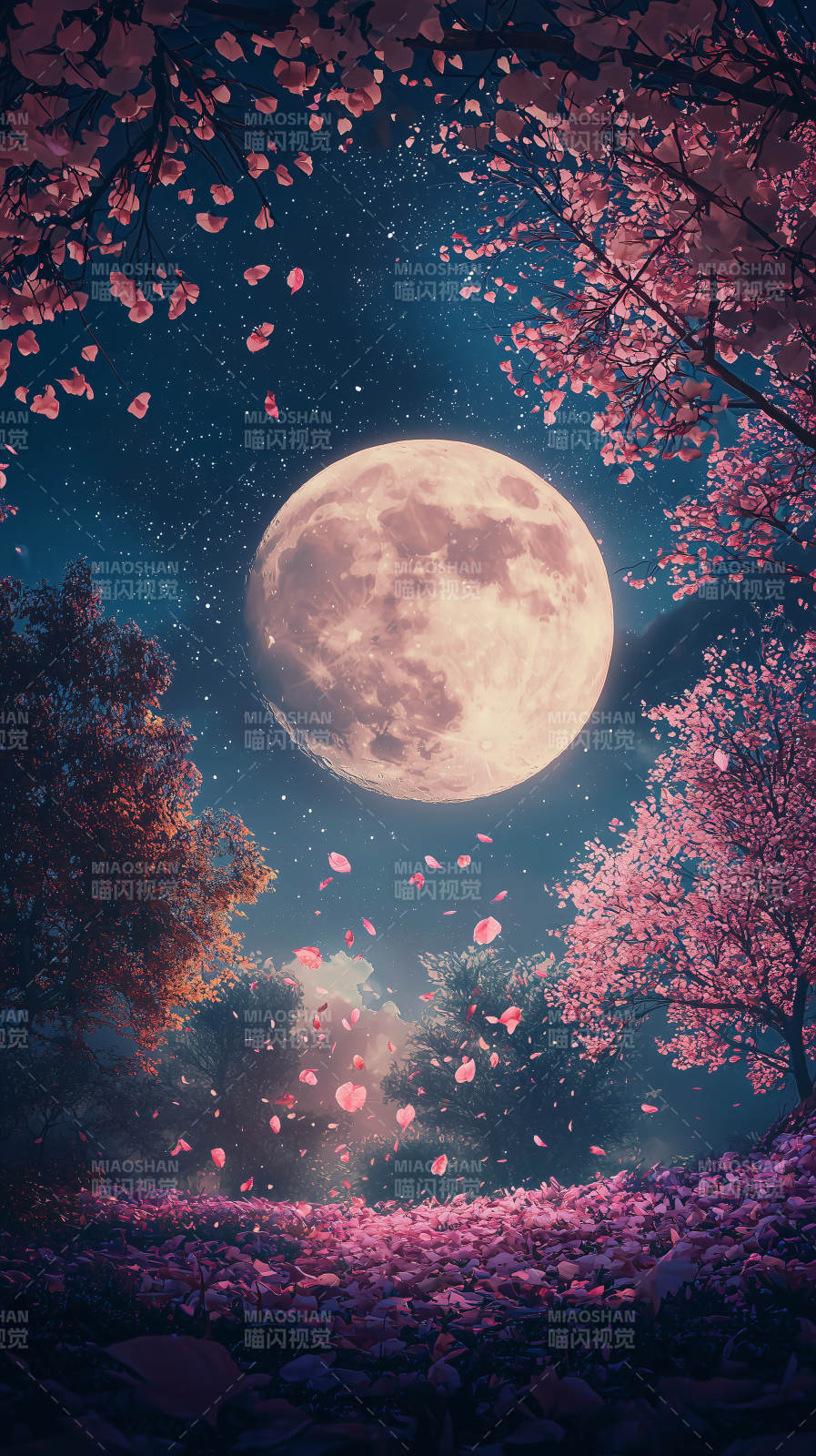 梦幻樱花与满月图片