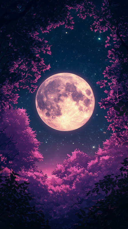 梦幻樱花与满月图片