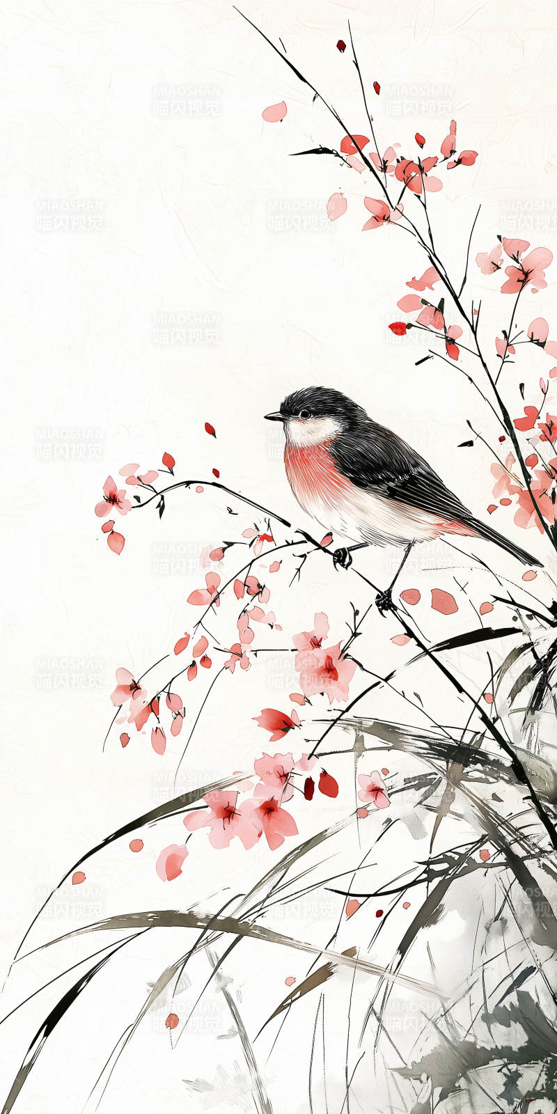 水墨写意红花小鸟图片